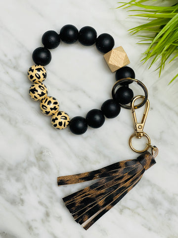 Wood Key Chain with Tassel - Black/Leopard