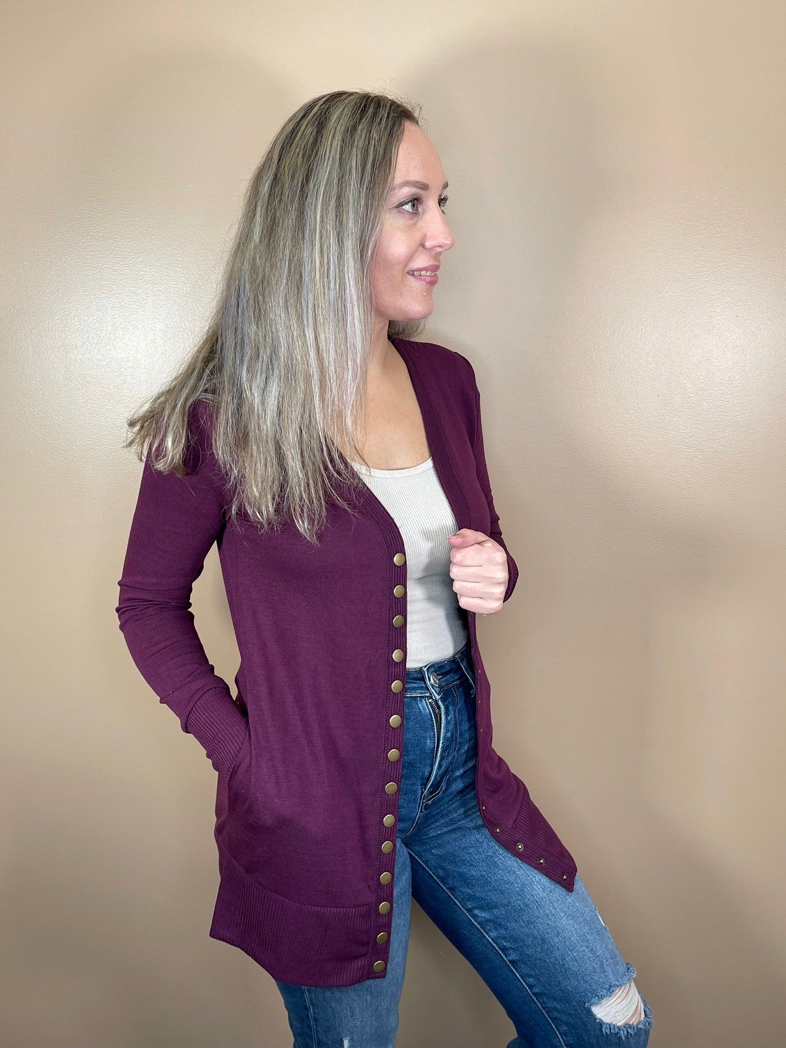 Snap Button Cardigan - DK Plum