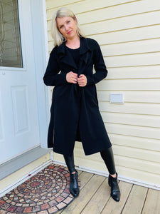 Open Knit Coat with Ribbon Waist - Black