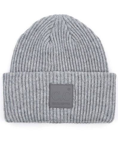 Ribbed Beanie with Rubber Patch - Light Melange Grey