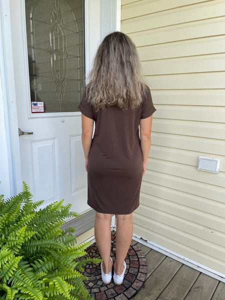 Rolled Short Sleeve Round Neck Dress - Brown