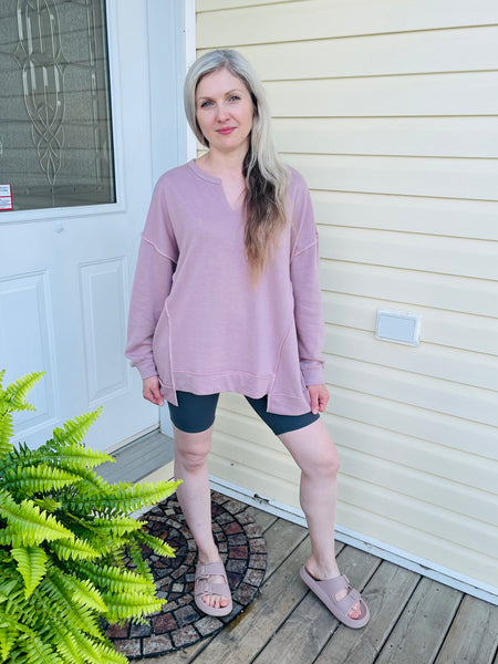 Notch Neck Oversized Knit Top - Wood Rose