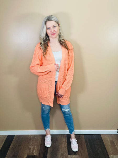 Waffle Open Cardigan - Coral