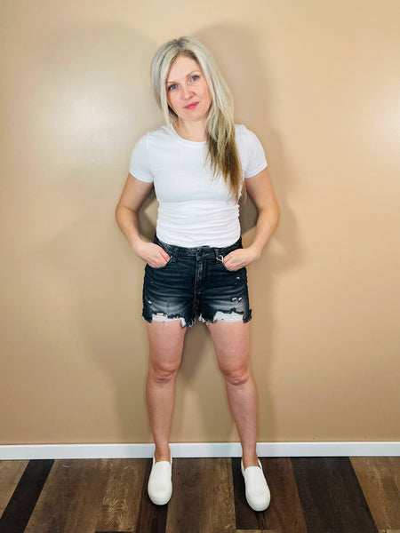 High Rise Distressed Denim Shorts - Black