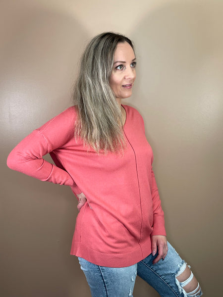 V-Neck Front Seam Sweater - Desert Rose