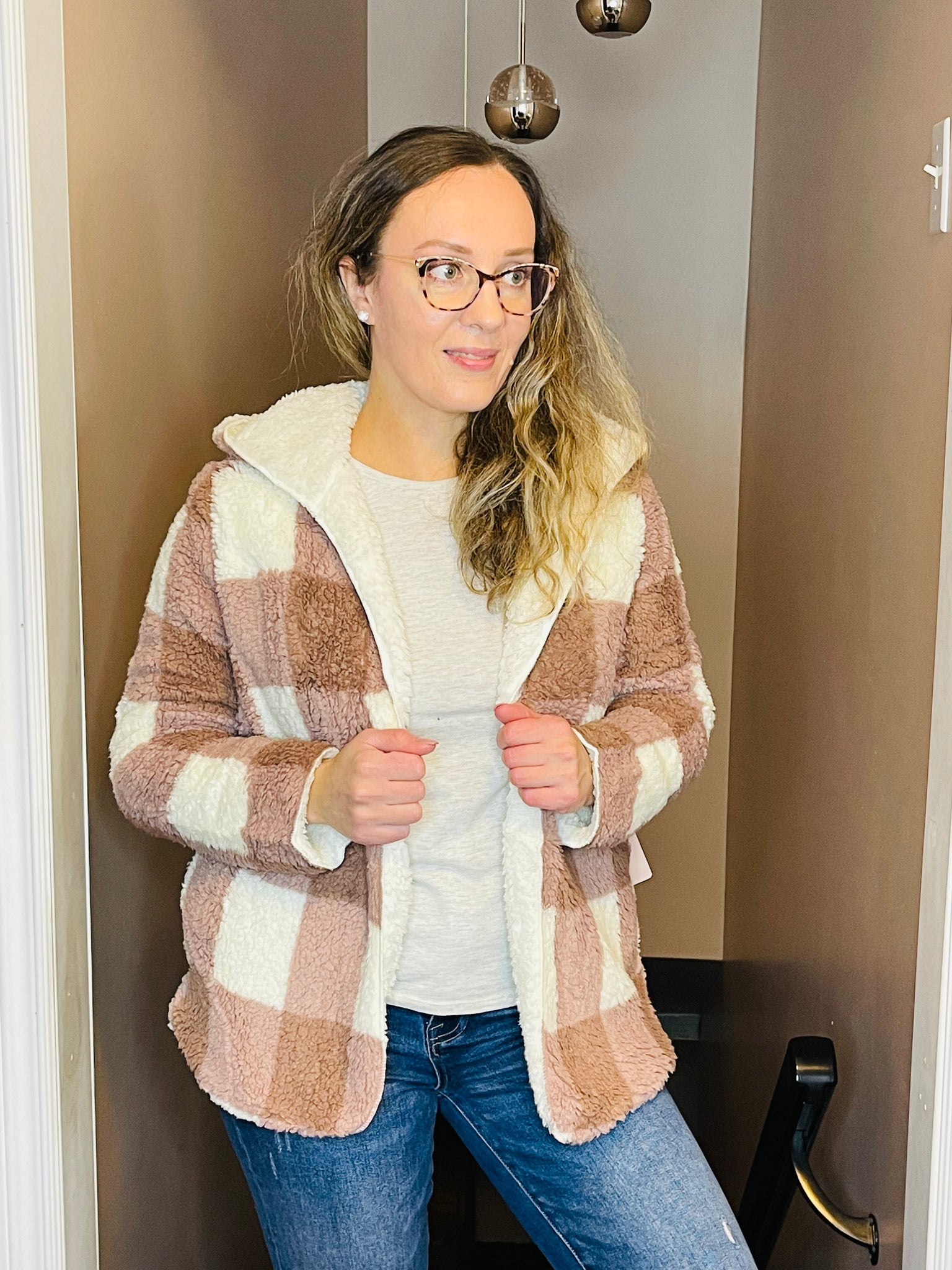 Plaid Faux Fur Jacket - Mulberry