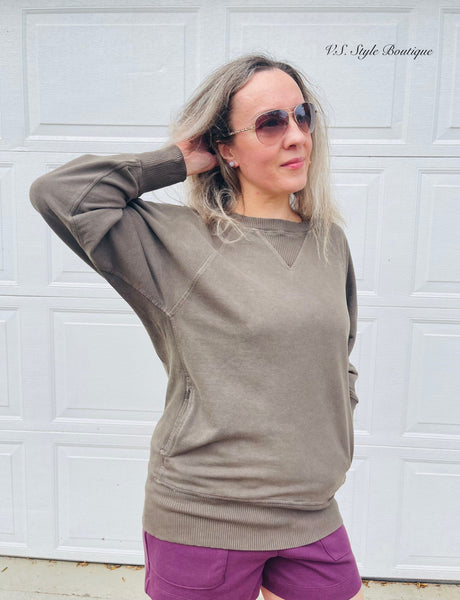 Pigment Dyed French Terry Pullover with Pockets - Americano
