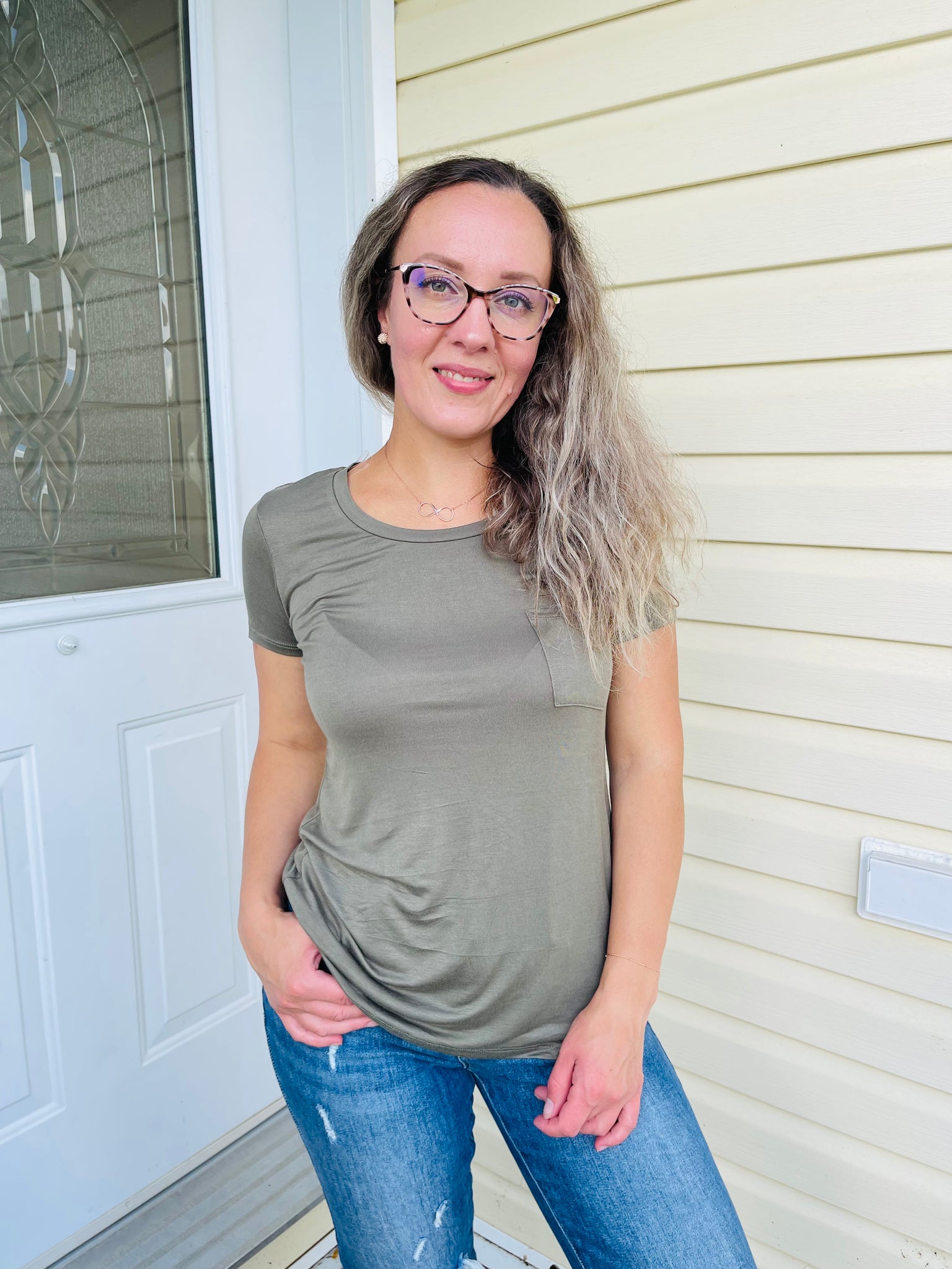 Scoop Neck Top with Pocket - French Olive