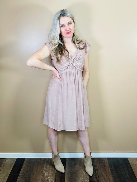 Front Knot Ruffle Sleeve Dress - Misty Mauve