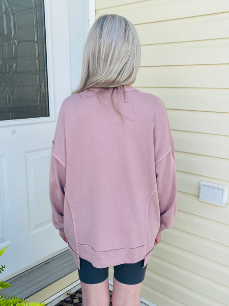Notch Neck Oversized Knit Top - Wood Rose