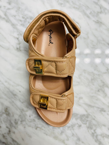 Quilted Buckle Strap Sandals - Tan