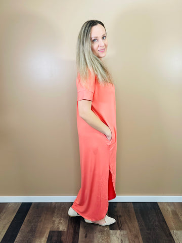 Maxi Dress with Pockets - Deep Coral