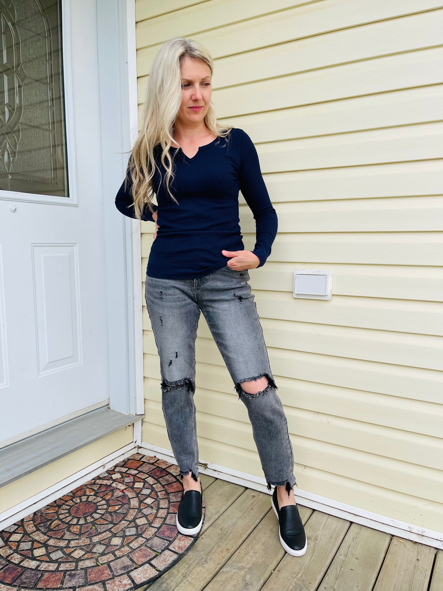 Notch Neck Thermal Knit Top - Navy