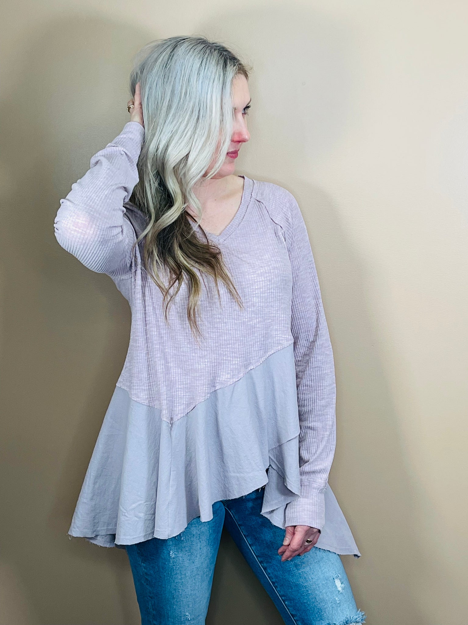 Knit Top with Contrast Ruffle Hem - Lavender
