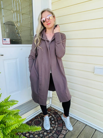 Open Front Longline Hoodie Cardigan - Cocoa