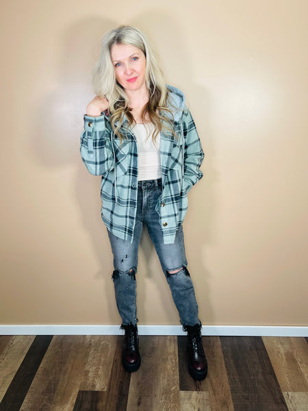 Plaid Hooded Fleece Jacket - Dusty Green/Black