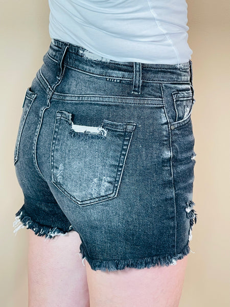 High Rise Distressed Denim Shorts - Black