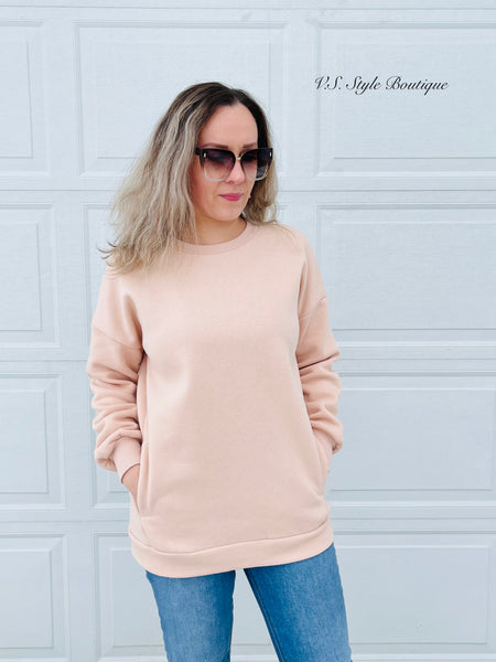 Long Sleeve Round Neck Sweatshirt with Pockets - Dusty Blush