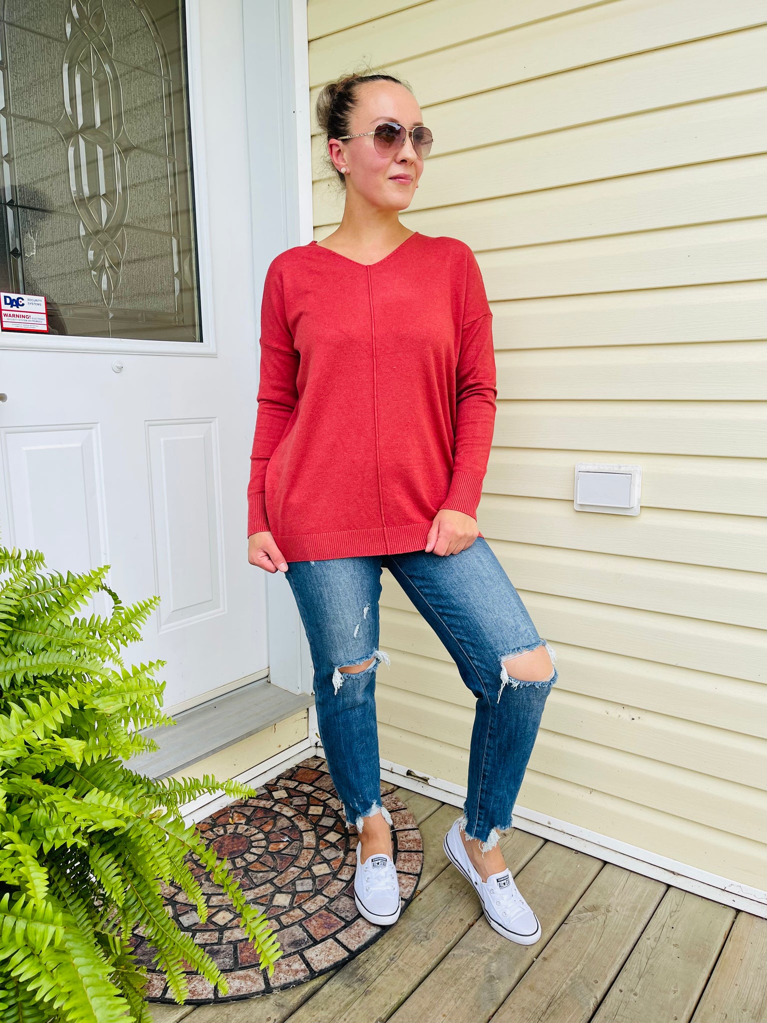 V-Neck Front Seam Sweater - H Rust