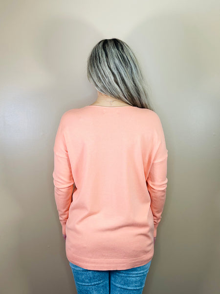 V-Neck Front Seam Sweater - Coral