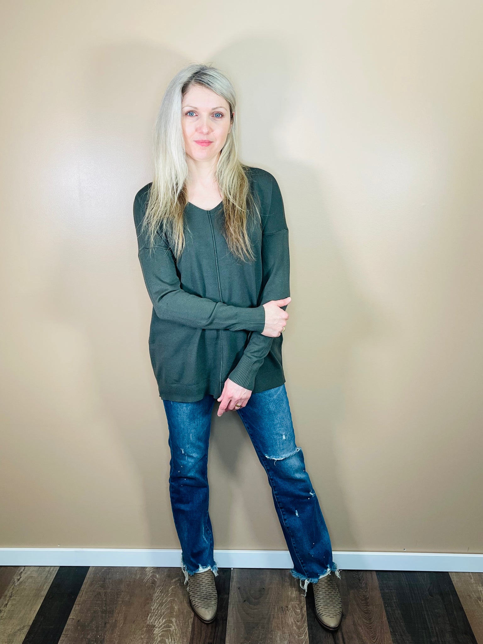 V-Neck Front Seam Sweater - Ash Grey