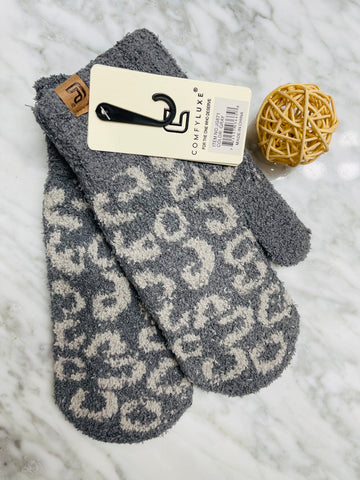 Leopard Print Mittens - Grey