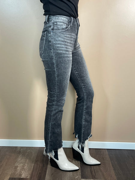 Frayed Hem Ankle Flare Jeans - Dark Grey