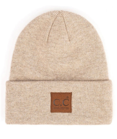 Beanie with Suede Patch - Beige