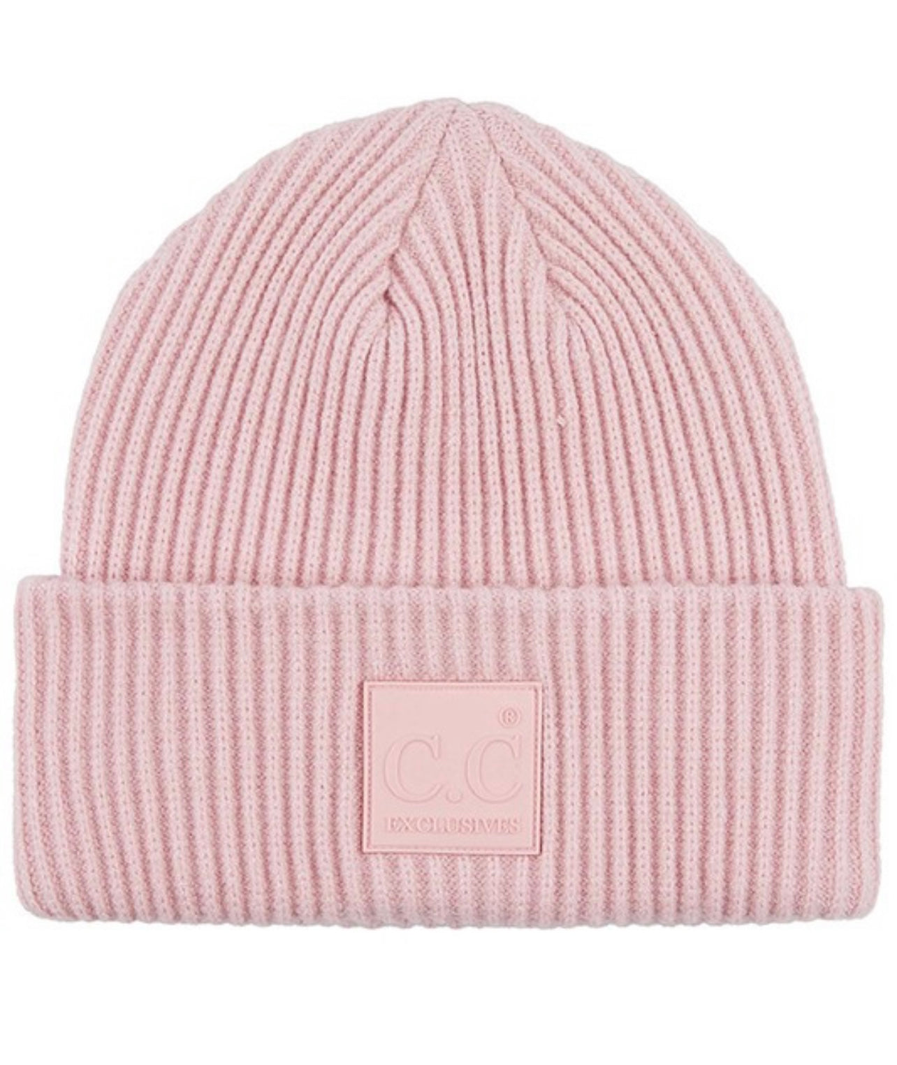 Ribbed Beanie with Rubber Patch - Blush Pink