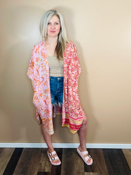 Printed Long Kimono - Pink