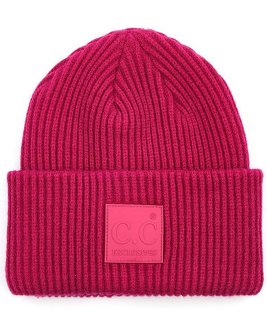 Ribbed Beanie with Rubber Patch - Hot Pink
