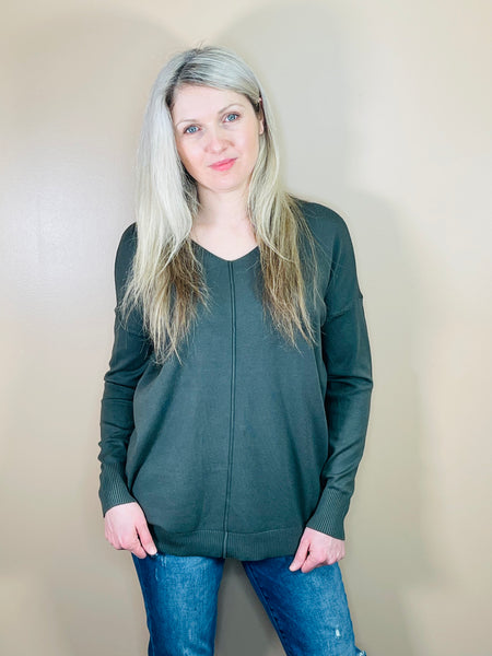 V-Neck Front Seam Sweater - Ash Grey